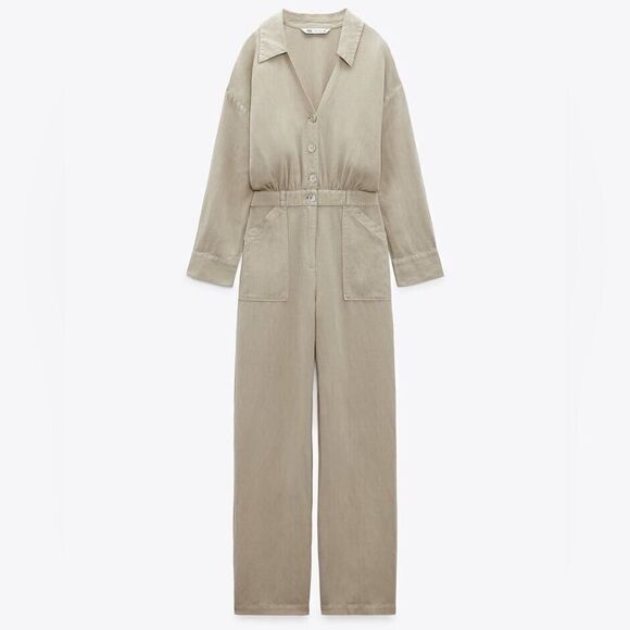 NWT LINEN BLEND LONG JUMPSUIT SAND L - Picture 3 of 6